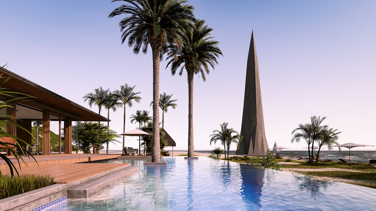 Luxurious beachside resort featuring an infinity pool and striking modern architecture.